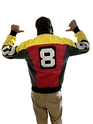 Image of My Party Shirt David Puddy 8 Ball Bomber Jacket - Faux Leather Coat 90s Costume Hip Hop Fashion Rapper Style TV Show - Red Retro