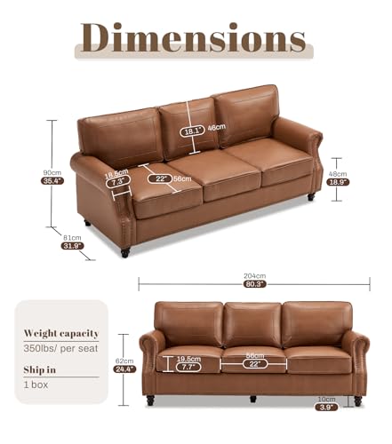 Image of Kingfun Mid-Century Modern Couch, Faux Leather Sofa, 3 Seater Couch for Living Room with Rolled arms & Nailhead Trim, Brown