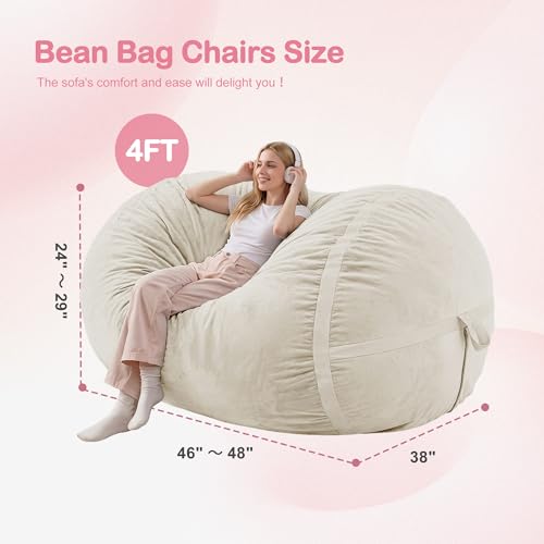 Image of 4FT Bean Bag Chair 4'Big Bean Bag Chairs with Adults, Large Beanbag Chair | Bean bag Lounger with Machine Washable Cover Dutch Velvet Fabric, Comfy Chairs for Living Room Bedroom Dorm, Beige