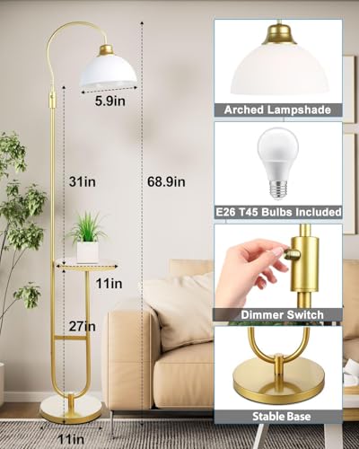 Image of Lightdot 68IN Floor Lamp with Table, Mid Century Modern Standing Lamps Storage Shelf Floor Lamps with Bulbs Included, Gold Pole End Table with White Acrylic Lampshade for Living Room, Bedroom, Office