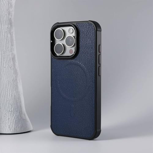 Coque iPhone 14 magnétique en cuir bleu idéale pour regarder des vidéos avec support d'objectif