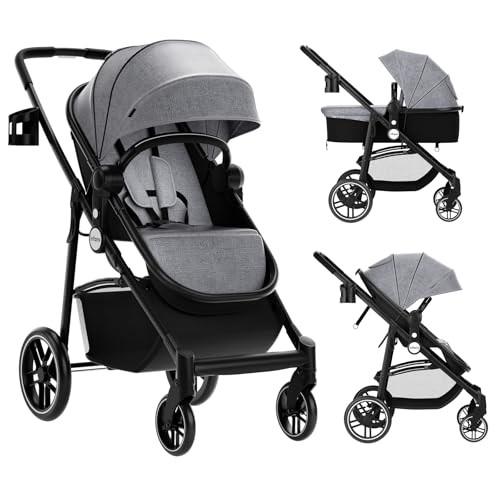 COSTWAY 2 in 1 Kinderwagen faltbar, Kombikinderwagen mit umkehrbarem Sitz & Liegefunktion, Reisebuggy mit verstellbarer Rückenlehne & Verdeck, tragbares Reisesystem für Baby bis 3 Jahren (Grau)