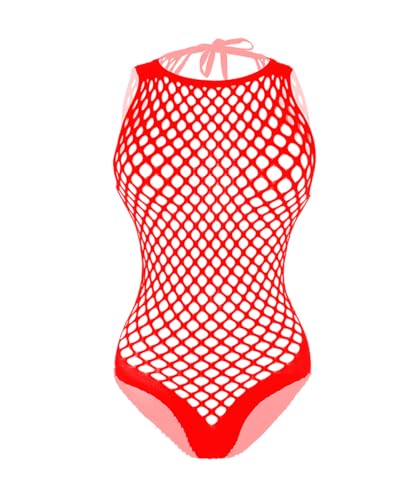 Buitifo Damen Sexy Body Bodysuit Dessous Mesh Teddy Einteiler Babydoll Nachtwäsche(Rot T5,Einheitsgröße)