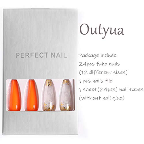 Outyua Glossy Smoke Pattern Fake Nails Coffin Extra Long Press On Nails With Design Ballerina Acrylic Cute False Nails 24Pcs (Orange) #TOP6