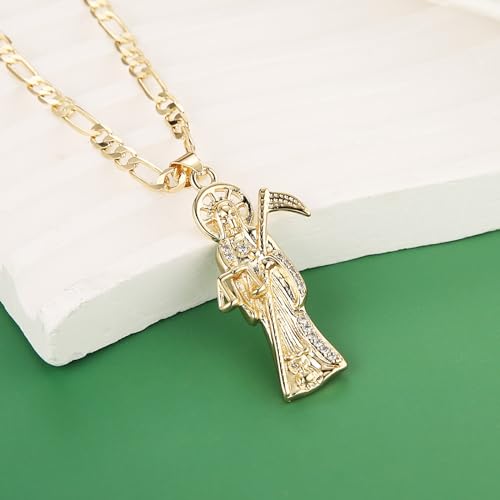 HZMAN Santa Muerte Necklace for Men Retro Gothic 14K Gold Plated Grim Reaper Saint Death Sickle Skull Pendant Party Jewelry Gift4