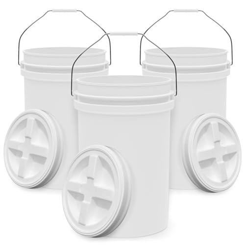 6.5-Gallon White Bucket Pail with Gamma Seal Screw on Airtight Lid, Heavy-Duty 90MIL Extra Durable, Food Grade, Metal Handles with Plastic Grip for Easy Carrying, Easy Stack &amp; Store, BPA Free - 3 Pack