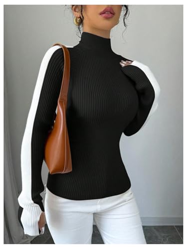 OYOANGLE Women's Color Block Sweater Turtleneck Long Sleeve Pullover Ribbed Knit Tops4