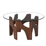 Hawthyhome Couchtisch rund aus Klarglas, Gestell in Walnussoptik