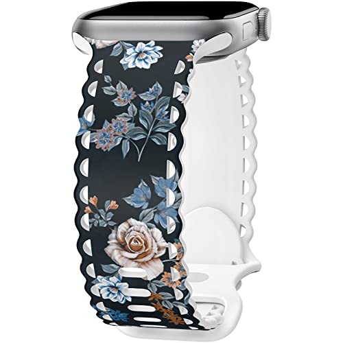 Image of Compatible with Apple Watch Band 41mm 40mm 38mm 49mm 45mm 44mm 42mm Women Girl, Rose Floral Print Lace Hollow-out Soft Silicone Sport Bands For iWatch Ultra SE Series 10 9 8 7 6 5 4 3 2, RoB-42
