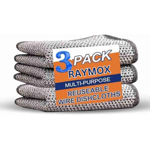 RAYMOX Non-Scratch Dish Wash Cloth (Pack of 3), Steel Wire Dish Cloth, Wire Dishwashing Rags for Wet and Dry Stainless Steel Scrubber Non-Scratch Wire Dishcloth for Washing Dishes Sinks Counters (3)