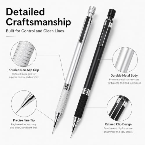Mechanical Pencil Set, 4 Pack 0.5mm & 0.7mm Metal Mechanical Pencils with 72 HB Lead Refills, 2 Erasers and Storage Case, Anti-Slip Metal Mesh Grip Drafting Pencil Kit for Students Artists Engineers - Image 2