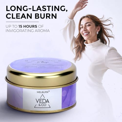 Image of Welburn Veda&Co Scented Wax Candle (85gm, 15 Hr Burn Time) | Aromatherapy Travel Tin Candle | Soy Wax | Induces Sleep & Relaxation | Stress Relief Candle for Bedroom, Meditation & Home Decor