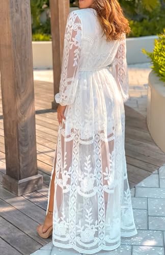 Image of LRISES Womens V Neck Floral Embroidered Lace Wedding Maxi Dress Boho Short Sleeve Slit Bridesmaid Evening Party Dresses