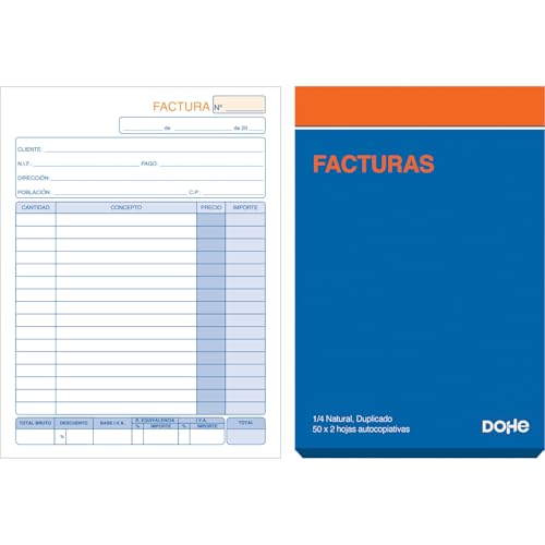 Dohe - Talonarios Facturas (10 uds.) - 50 Hojas Duplicadas (50 Hojas con 1 Copia), Tamaño A5 14x21 cm, Páginas Microperforadas, Con IVA y Recargo Equivalencia, Idioma Español, Material de Oficina