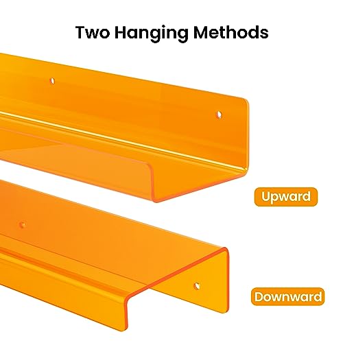 Image of upsimples 4 Pcs 15 inch Acrylic Shelves for Wall Decor and Display, Orange | Cute Floating Shelf for Perfume, Skincare, Nail Polish, Wall Organizer for Bedroom, Living Room, Playroom, Room Decor
