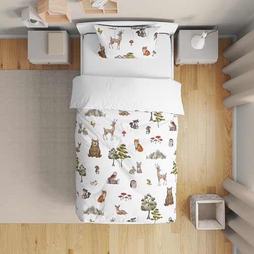 Image of Sweet Jojo Designs Woodland Forest Animals Boy Girl Gender Neutral Toddler Bedding Set Kids 5p Bed in a Bag Comforter Blanket Pillowcase Sham Sheets Animal Friends Green Grey Brown Bear Fox Hedgehog