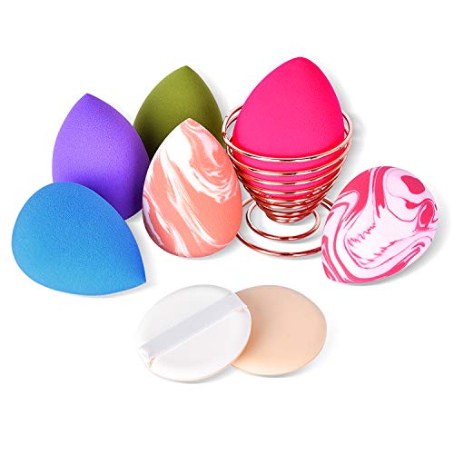 OTraki 6 PCS Makeup Sponge Set with 2 Powder Puffs Multi-Color Foundation Sponge Beauty Eggs Dual Use for Wet & Dry Liquid Cream and Powder Cosmetic + Rose Gold Drying Holder