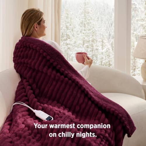 Image of Bedsure Thick Heated Blanket Electric Throw, Fast Heating, Burgundy 50 inchx60 inch