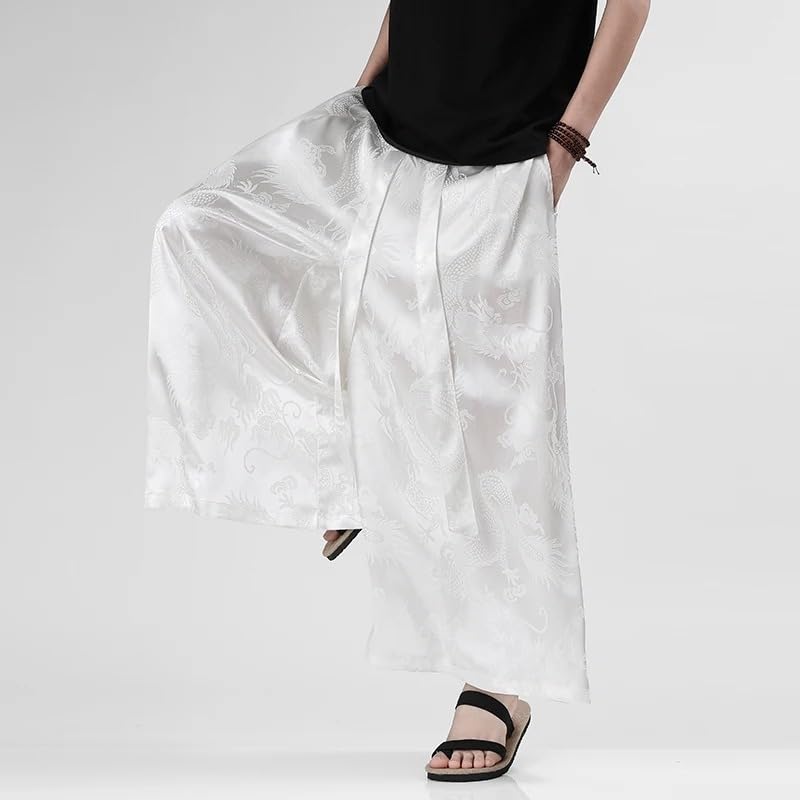 Men Ice Silk Wide Leg Pants Solid Color Loose Joggers Elastic Waist Trousers Mens Vintage Casual Long Pants4