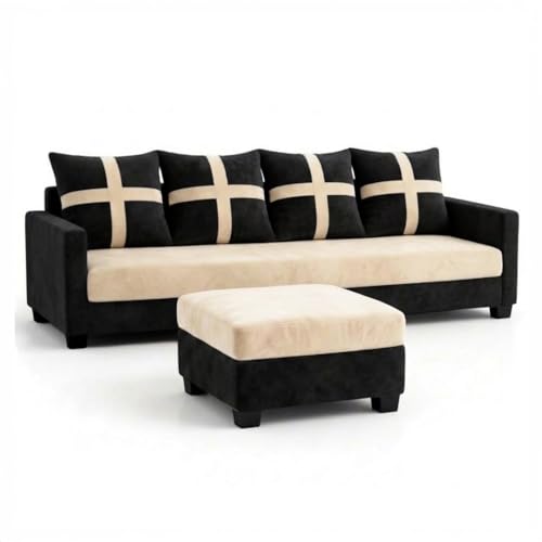 Image of Caviriq 5 Seater L Shape Sofa Set with Movable Ottoman | Flexible Layout | Luxury Velvet Suede Fabric | Modern Living Room Sofa | Black-Cream