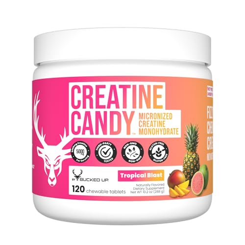 Bucked Up Creatine Candy Tropical Blast | Micronized Creatine Monohydrate | 120 Chewable Tablets, 24 Servings | Fizzy Creatine No Water Needed | Non GMO Gluten Free Third Party Tested