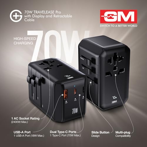 Image of GM G+ 70W TravelEase Pro with Display|Travel Adapter US, UK, EU, AU, 150+ Countries | Multi-Port | Dynamic Wattage Display, MacBook Air-M4, Laptop, iPhone, Samsung, DSLR, 75cm Retractable-C Cable