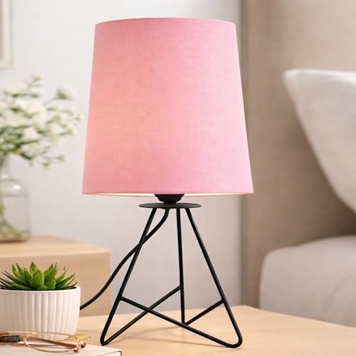 Image of Modern Black Tripod Table Lamp with Taper Fabric Shade | Metal Base Bedside Lamp for Bedroom, Living Room, Study, Office & Nightstand | Decorative Table Light (Pink)