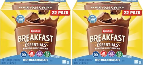 Image of Carnation Breakfast Essentials Powder Drink Mix, Rich Milk Chocolate, 22 Count Box of 1.26 Ounce Packets (Pack of 2)
