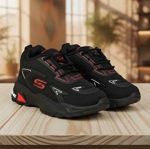 Image of HOOH Kids Unisex Lace Up Sports Sneakers, Black with Red Accents, Comfortable Athletic Shoes for 12 Months to 10 Years