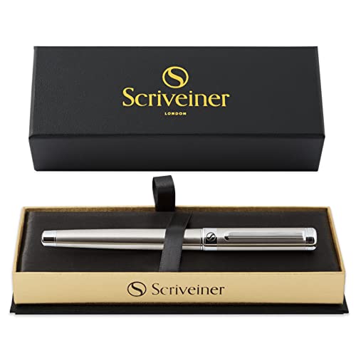 Scriveiner Stainless Steel Rollerball Pen - Stunning Luxury Metal Pen With Silver Chrome Finish, Schmidt Ink Refill, Best Roller Ball Pen Gift Set For Men & Women #TOP5