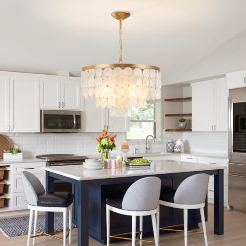 HLMRCHEN Shell Chandelier, White and Gold Chandelier Light Fixture with 4 Lights Capiz Seashell Pendant for Foyer,Kitchen Island,Entryway,Dining Room (18" Coastal Chandeliers) - Image 8