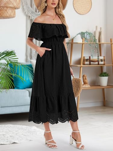 Image of Women's Summer Midi Dress High Waist Off Shoulder Ruffle Short Sleeve Hollow Out A Line Casual Long Dress 2025