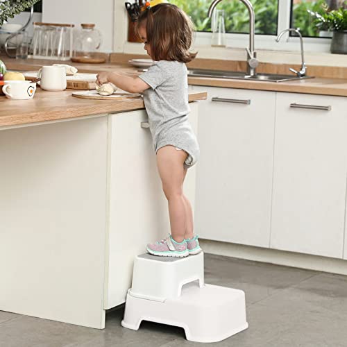 Two Step Stool For Kids, Double Up Toddler Step Stool For Potty Training, Kitchen, Bathroom, Toilet Stool With Anti-Slip Strips For Safety, Stackable, Wide Step (2 Packs White) #TOP6