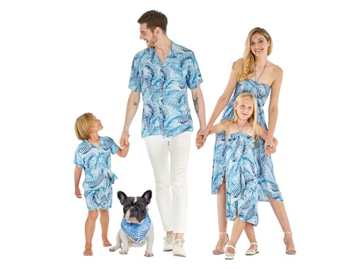 Matchable Family Hawaiian Luau Men Women Girl Boy Clothes in Simply Blue Leaves