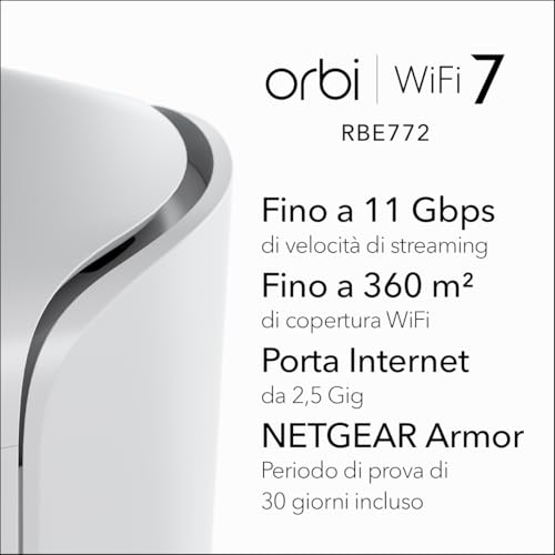 WiF Mesh Orbi serie 770 WiFi 7 (RBE772) router + 1 extender satellitare, funzioni di sicurezza, fino a 11 Gbps, copre fino a 360 m2, 100 dispositivi, porta Internet da 2,5 GB - Powerline - Immagine 1
