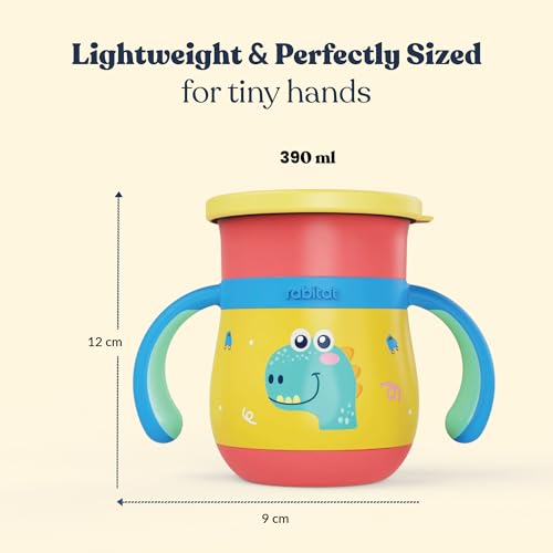 Image of rabitat Sip Around Personalized Stainless Steel Sipper 390ml | 2 Years Brand Warranty | Leak Proof | BPA Free | Sippy Cup for Kids with Soft Silicone Rim | Ergonomic Design, Dino Dash