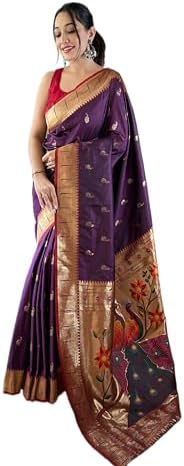 Paithani silk saree with rich contrast weaving pallu and unstitch...