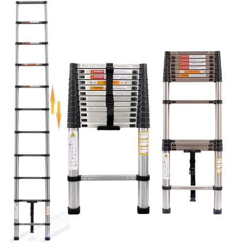3,8M Teleskopleiter 12,5FT Mehrzweck-Edelstahl-Teleskopleiter Ausziehbar Tragbare Stabile Loftleiter für Ziehen Wand Ersetzen Glühbirne Reinigen Fenster Reparieren Dach