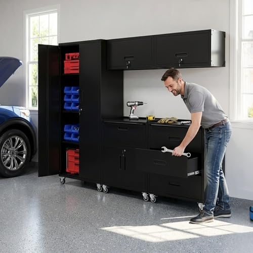 Image of Garage Cabinet System | Heavy Duty Steel All-in-One Modular Garage Cabinet Set for Ultimate Workshop Organization | Easy Assembly Garage Storage Cabinets & Tool Bench