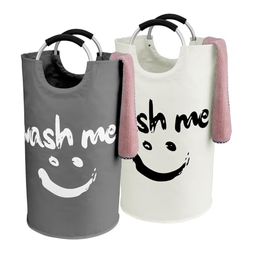 IHOMAGIC Lot de 2 Panier à Linge, 95L Pliable Sac à Linge, Collecteur de bouteilles, Sac de rangement pour équipement de gym Les Vêtements Sales et Les Jouets (Gris Foncé/Beige)