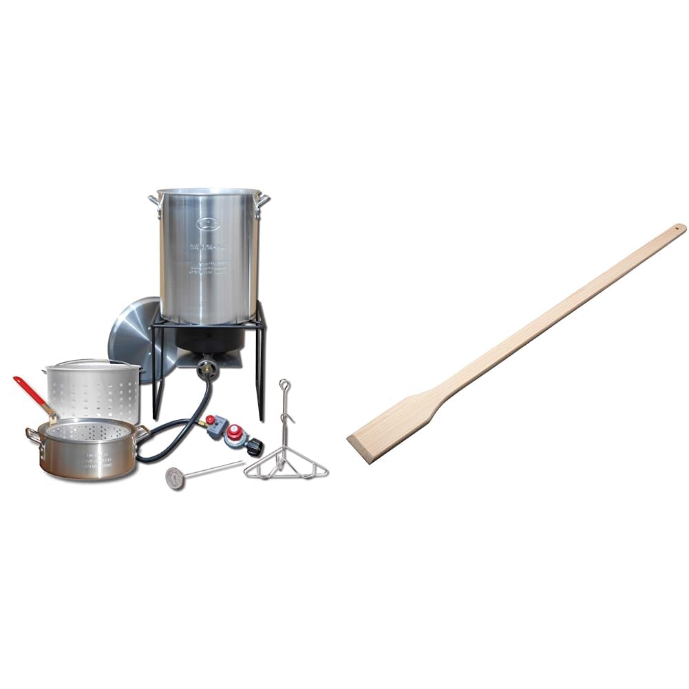 King Kooker Propane Outdoor Fry Boil Package with 2 Pots, silver, one size (12RTFBF3) & GasOne 30101 Heavy Duty 36-in Wooden Stir Cajun Crawfish Boil Pot Home Brew Paddle, Beige