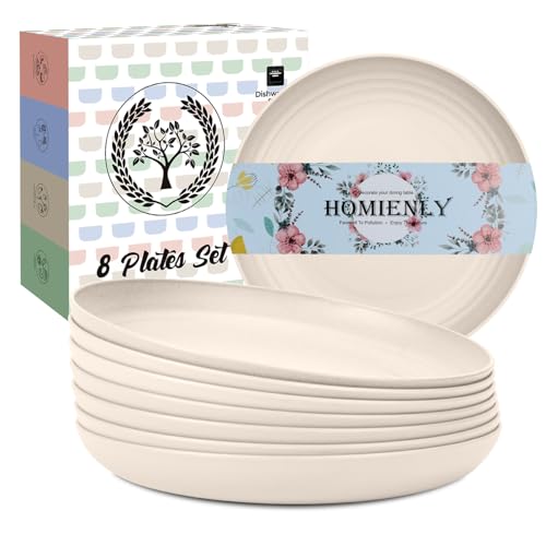 Image of Homienly Plastic Dinner Plates, Wheat Straw Plates 11 Inch, Lightweight Unbreakable Plates Set of 8, Microwave Safe Plates, Deep Plates for Dinner - Beige