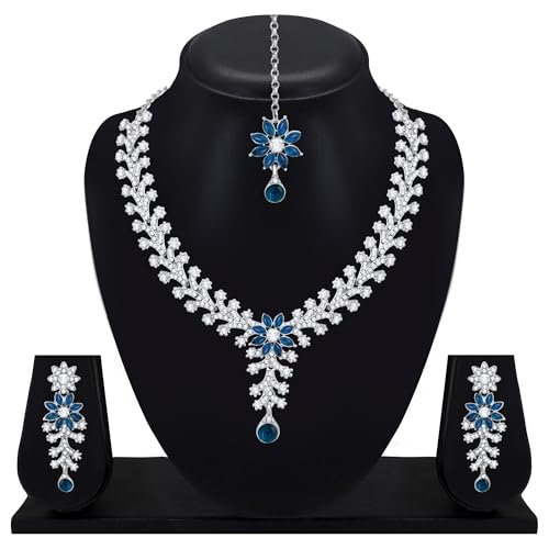 Image of Atasi International Diamond Necklace Jewellery Set for Women with Earrings and Maang Tikka for Wedding, Party, Engagements & Festivals