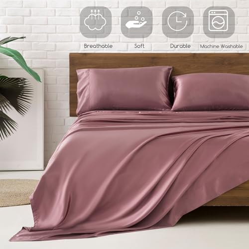 Image of MR&HM Satin Bed Sheets, King Size Sheets Set, 4 Pcs Silky Bedding Set with 15 Inches Deep Pocket for Mattress (King, Rose Taupe)