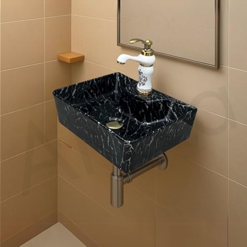 Image of Artiva Ceramic Wall Mounted Bathroom Basin /Designer Table Top Sink For Bathroom /Wall Hung Washbasin /Wash Basin For Cabinet /Countertop Vanity Sink (Nero Black 16 x 12 x 5 Inch)