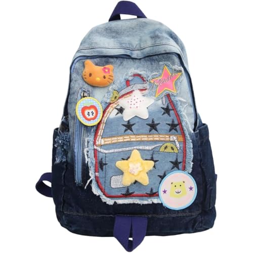 Y2K Denim Backpack with Plushies and Patches Cute Preppy Blue Denim Backpack for Women 14 Laptop Compatible Multi-Sport Star Theme