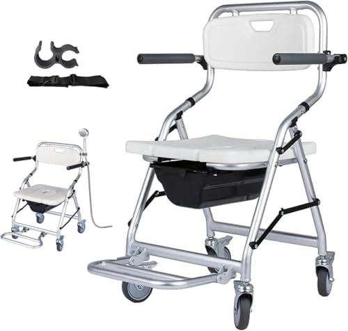 SSLW Fauteuil Chaise roulante de Douche Pliant - côté Chaise de Toilette avec sièges Toilettes rembourré, Chaise de Douche roulante avec accoudoirs Dossier, Chaise de Transport Mobile avec roulettes