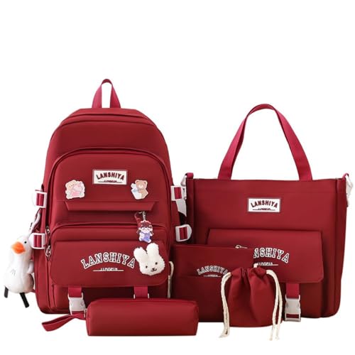 Cute backpack with accessories kawaii 5PCS Set Aesthetic Waterproof backbags (Red)