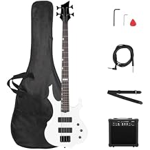 Ktaxon Electric Bass Guitar Full Size Flame Design Bass Set with 20 Watt Amplifier, Portable Bass Bag, Superior Amp Wire, Adjustable Guitar Strap, Plectrum, Wrench ToolWhite