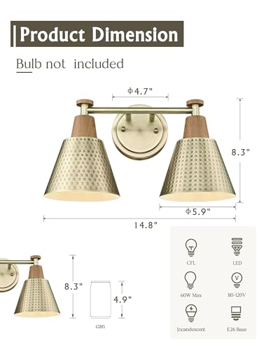 Image of FEMILA 2 Light Bathroom Vanity Light Fixtures Over Mirror, Modern Brass Gold Bathroom Lighting Fixtures with Metal Shades, Woodgrain Finish, 4FG59B-2W BG-NW